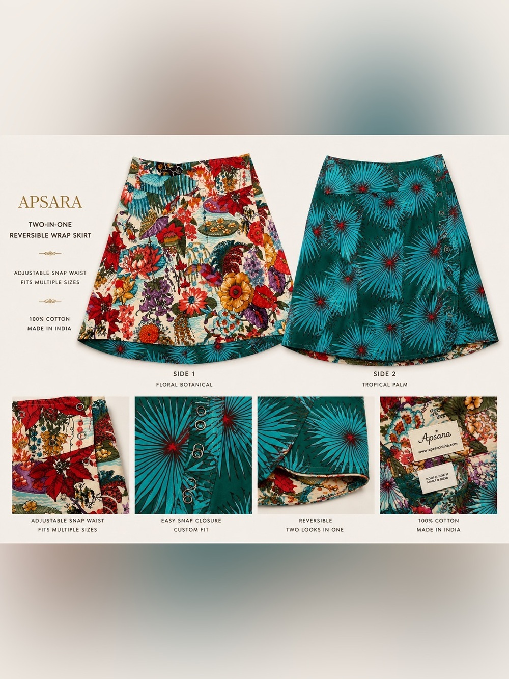 ApSara Reversible Wrap Skirt – Floral Botanical & Tropical Palm (Teal OS